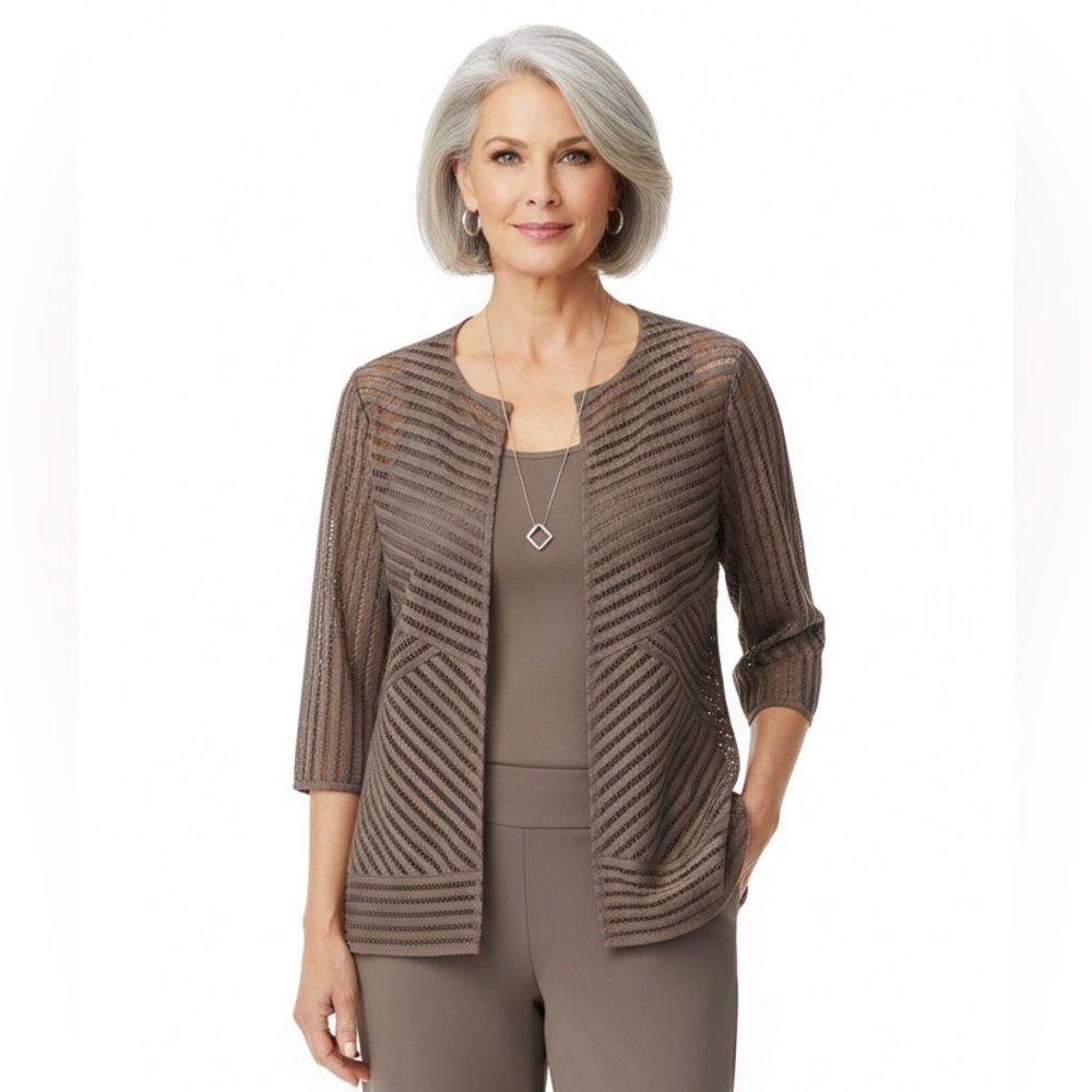 Chico's Travelers Novelty Strip Jacket Taupe Textured Cardigan Layering Sz 16/18